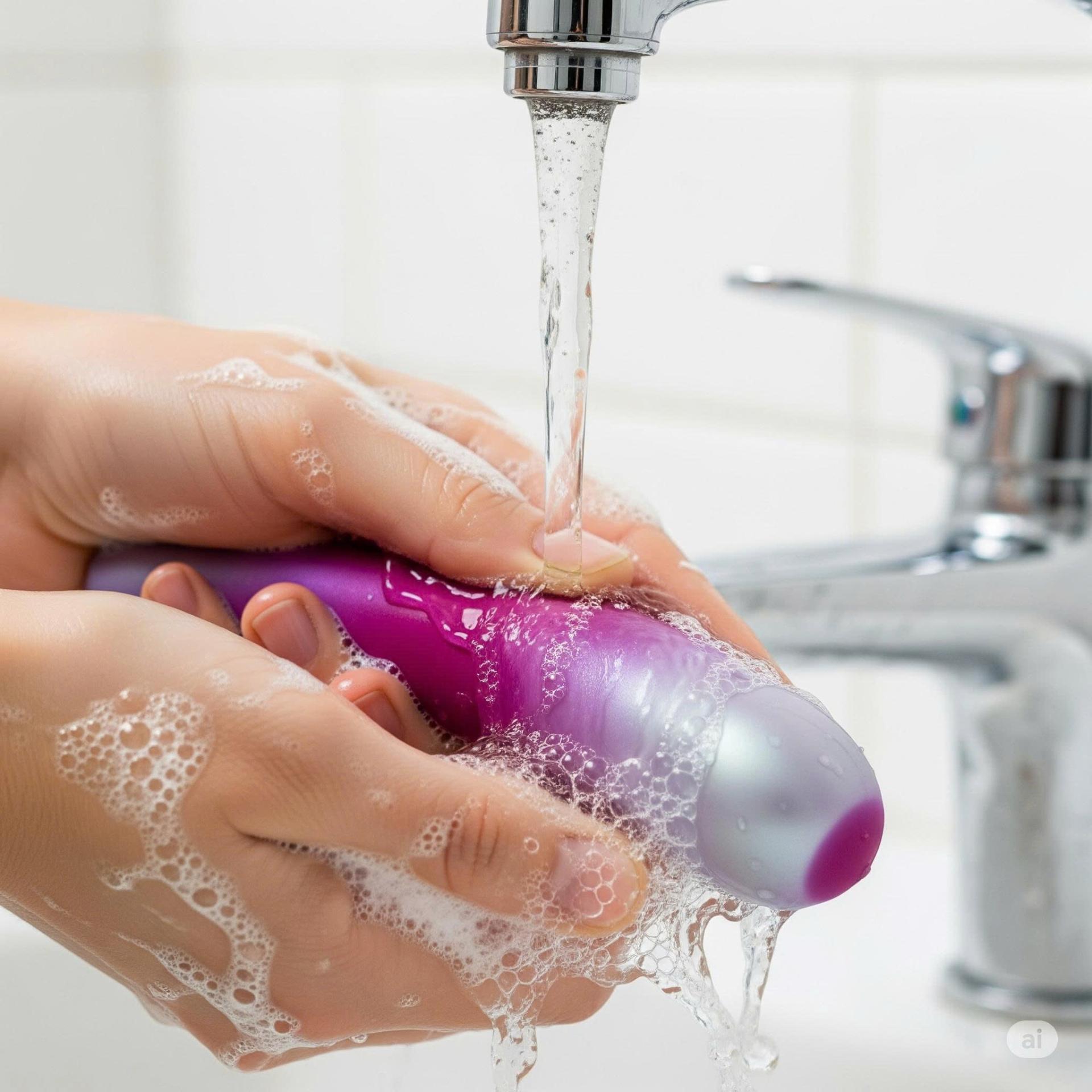 Một người đang vệ sinh đồ chơi tình dục bằng silicone dưới vòi nước sạch, thể hiện tầm quan trọng của việc làm sạch sex toy đúng cách.